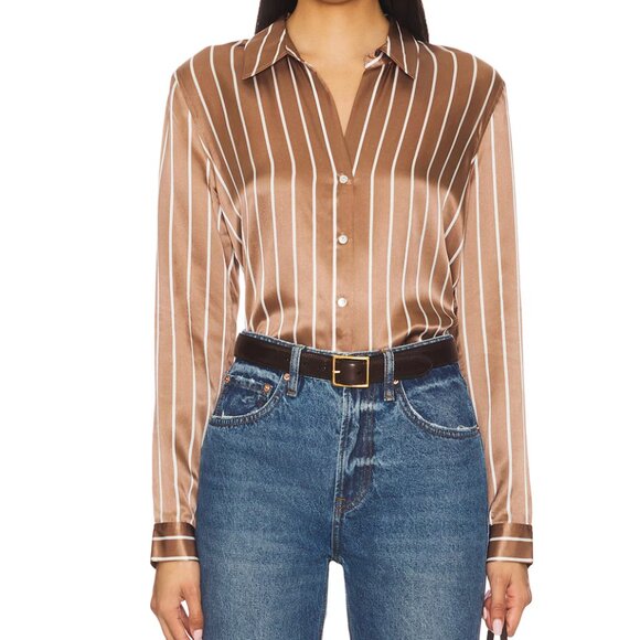NEW L'AGENCE Tyler Blouse in Chocolate Malt & Ecru Stripe Silk Long Sleeve S - Picture 1 of 3